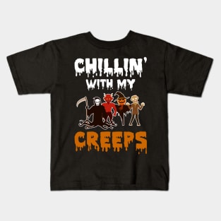 Chillin With My Creeps Death Devil Satan Pumpkin Scarecrow Zombie Halloween Kids T-Shirt